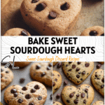 Heart-shaped sourdough chocolate chip cookies on a baking tray made with sourdough starter. 26